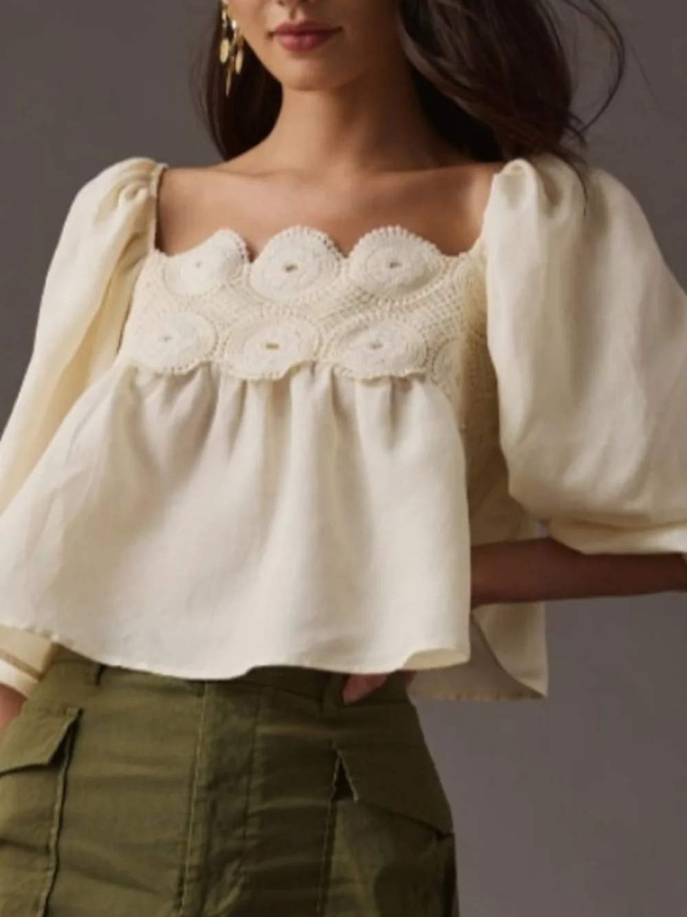 Anthropologie Cream Crochet Yoke Puff-Sleeve Top